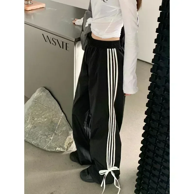 QWEEK Black Stripe Sport Sweatpants Women Autumn Oversized Baggy Harajuku Fashion Casual Joggers Pants Streetwear Korean Style