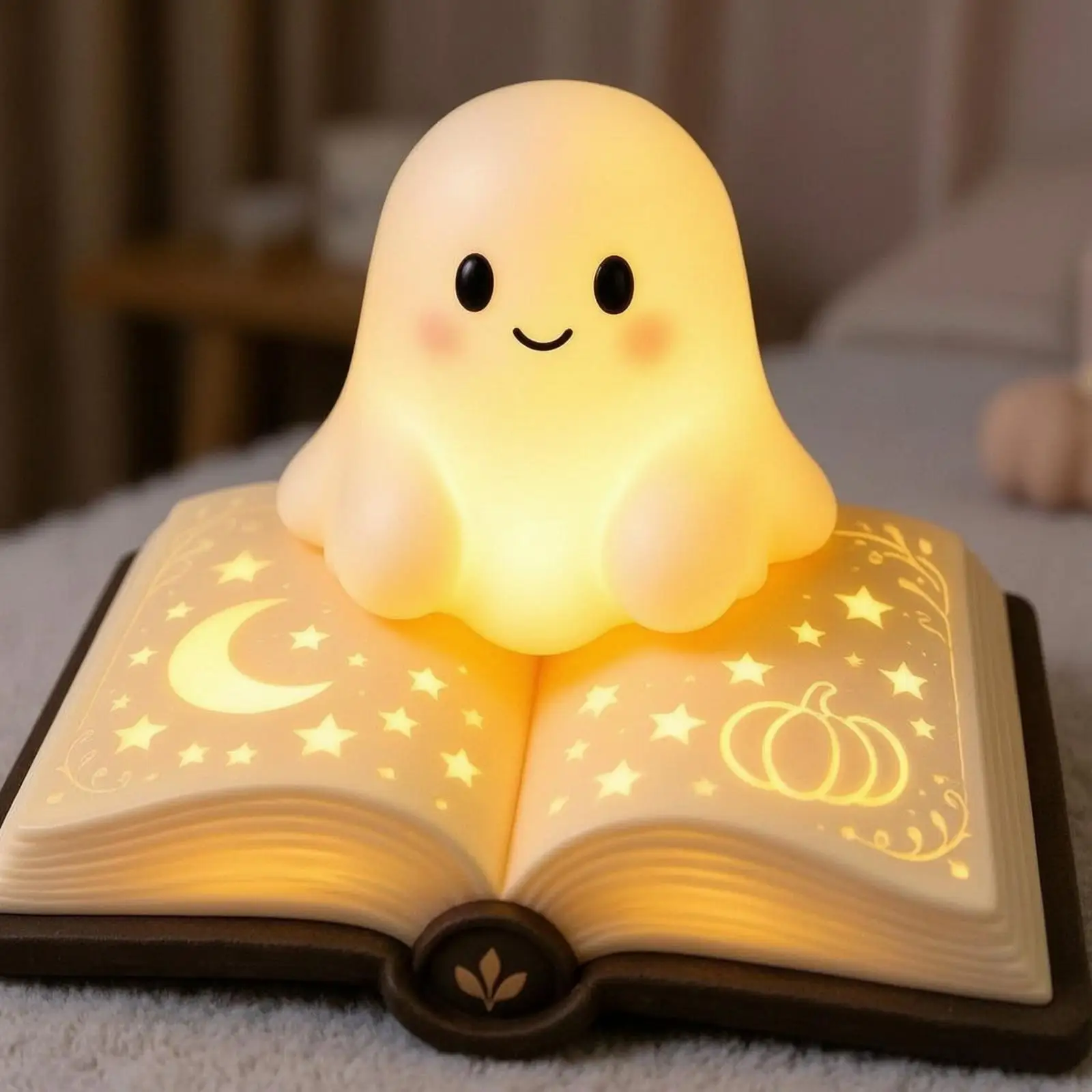 Specter Lamp with Book Base Cute Specter Night Light Friendly Halloween Night Light for Kids, Bedroom, Desk