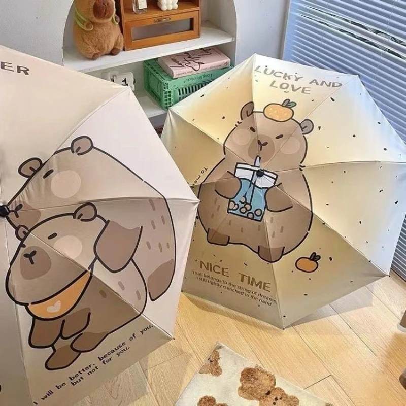 8-Bone Kapybara التلقائي الأسود المطاط المطر وتألق ثنائي الاستخدام مظلة واقية من الشمس المحمولة للطي عززت مظلة الطالب #4