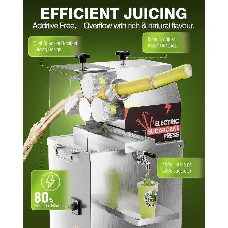 home.Electric Sugar Cane Juicer - 800W 110V Sugar cane Juicer Machine with 660lbs/hr 28 RPM High Output, 3-Rollers Stainless