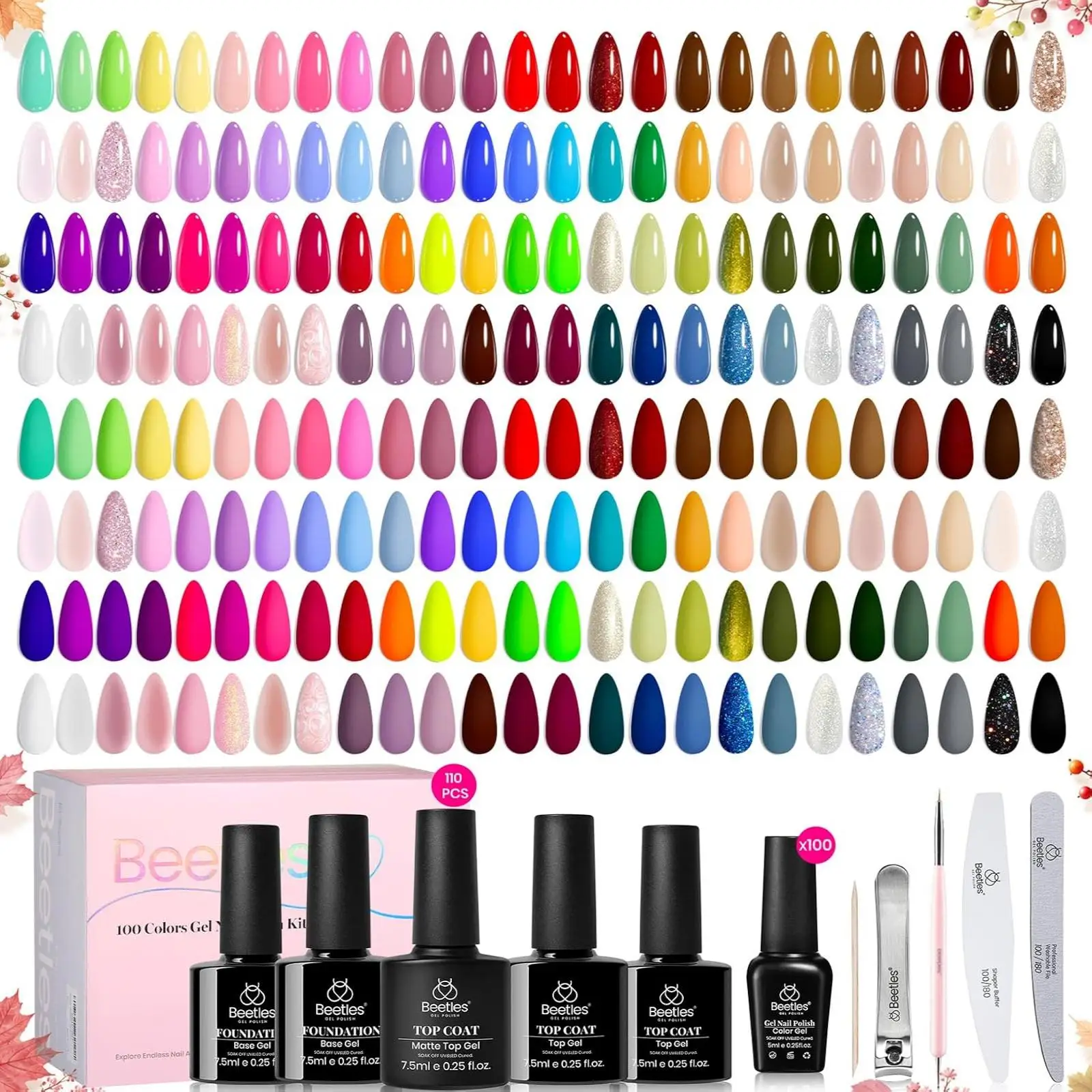 Beetles 110PCS Gel Nail Polish Set, 100 Fall Colors Red Brown Green Black, Base Top Coats, Nail Tools, Soak-Off UV Home DIY