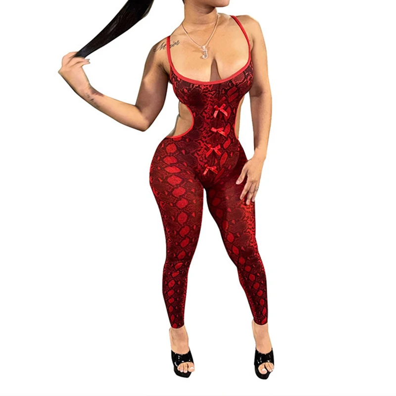 

OMSJ Sexy Snake Print Spaghetti Strap Hollowed Out Backless Bow Splicing Tight Fit One-piece Jumpsuit For Women Nightclub Outfit