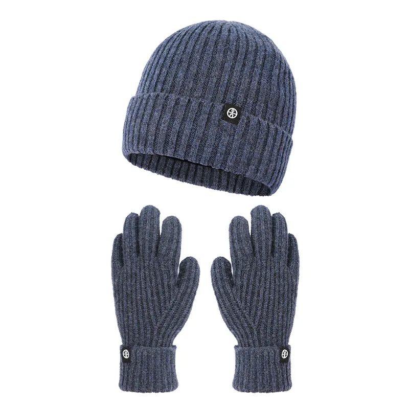 Conjunto de guantes de lana de doble capa para hombre, gorros de punto de felpa, guantes gruesos de dedo completo para ciclismo, gorro térmico de invierno