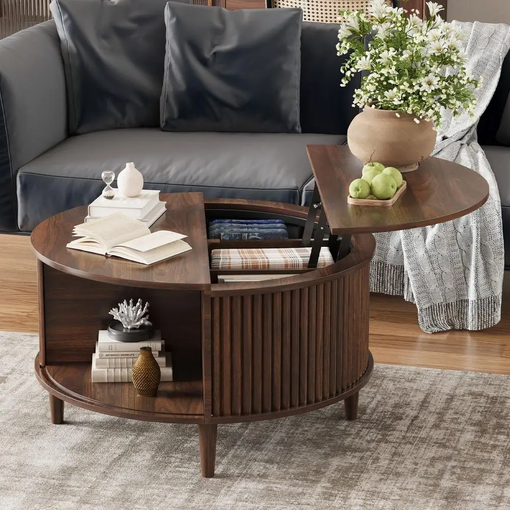 

Top Coffee Table with Storage, Fluted Round Center Table with Sliding Cabinet Door, Small Circle Table for Living Room, Walnut