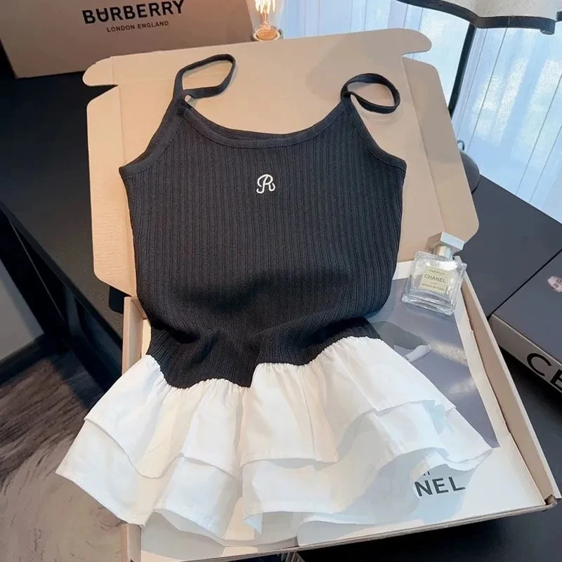 Summer New Patchwork Camis for Women Sexy Spaghetti Strap Splicing Ballet Skirt Tops Fashion Slim Embroidery Vest