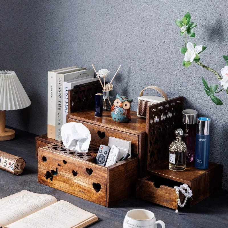 

carton desktop, bookshelf storage box, solid wood hollow-out creative, multi-functional tissue box