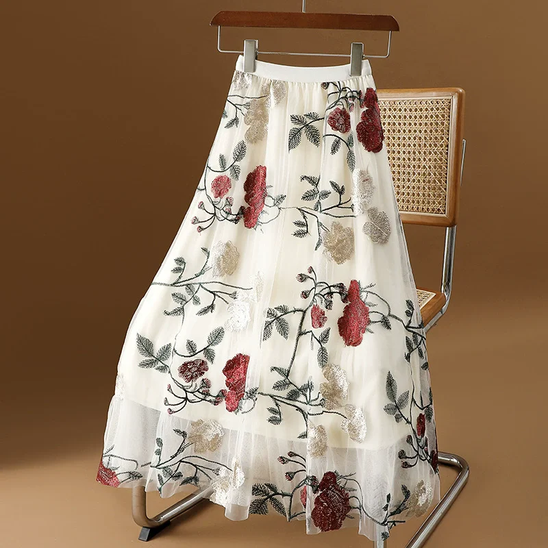 

Mesh Floral Embroidery Skirt Women Elastic High Waist Skirt Elegant Tulle A Line Flower Skirt Women Long Summer Saia Feminina