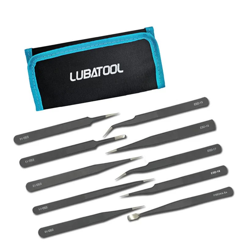 ชุดแหนบ 10 ชิ้น พร้อมกระเป๋า แหนบสแตนเลสป้องกันไฟฟ้าสถิตย์ สำหรับงานซ่อมโทรศัพท์มือถือ อุปกรณ์อิเล็กทรอนิกส์ และงานช่าง
