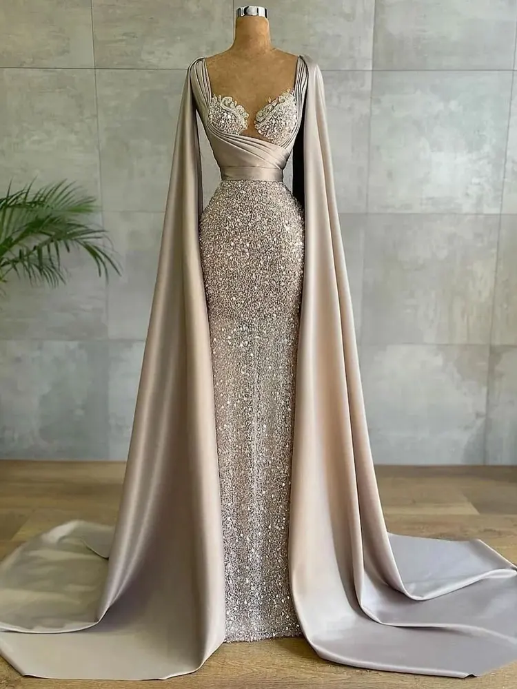 

Arabic Glitter Sequined Evening Dress With Cape Ruched Lace Appliques Sweetheart Prom Party Formal Women Red Carpet Gowns