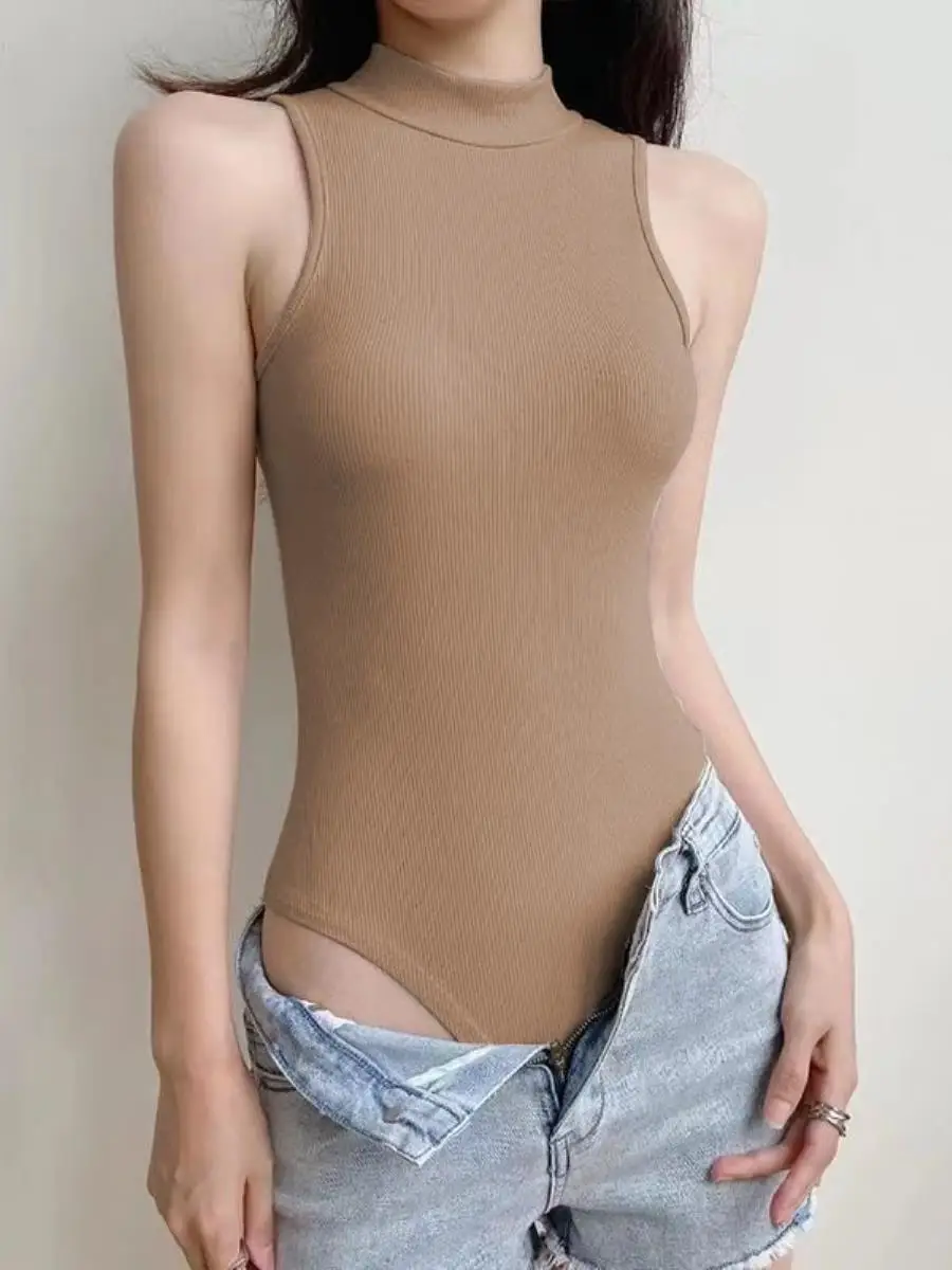 

Сексуальный цельный женский летний облегающий топ с высоким воротником в рубчик, универсальный топ на бретелях