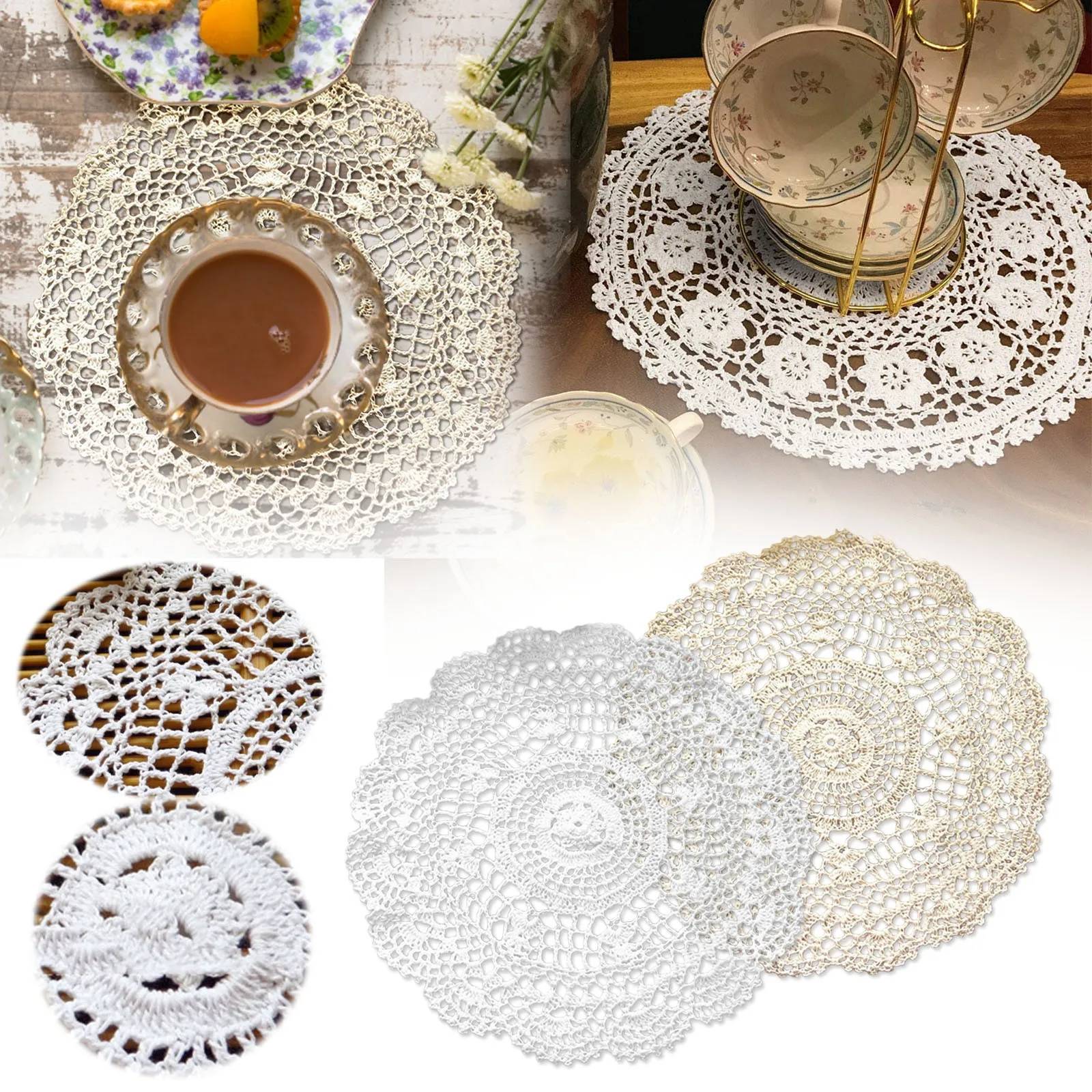 White Handmade Crochet Doilies Cotton Table Mats Lace Doilies Doily Round Lace Placemats Crochet round Place Mats for Tables 6