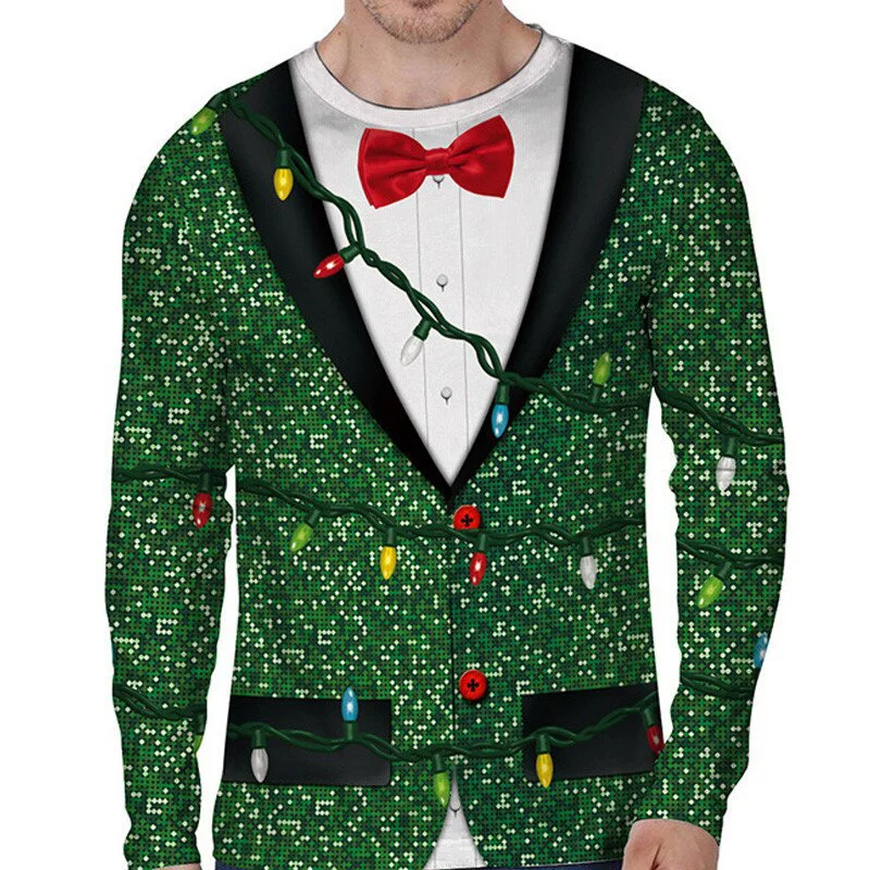 Fake Two Pieces Pattern T-Shirt For Men Christmas 3D Printed T Shirts Autumn Casual Long Sleeves Loose Round Neck Tops Tees