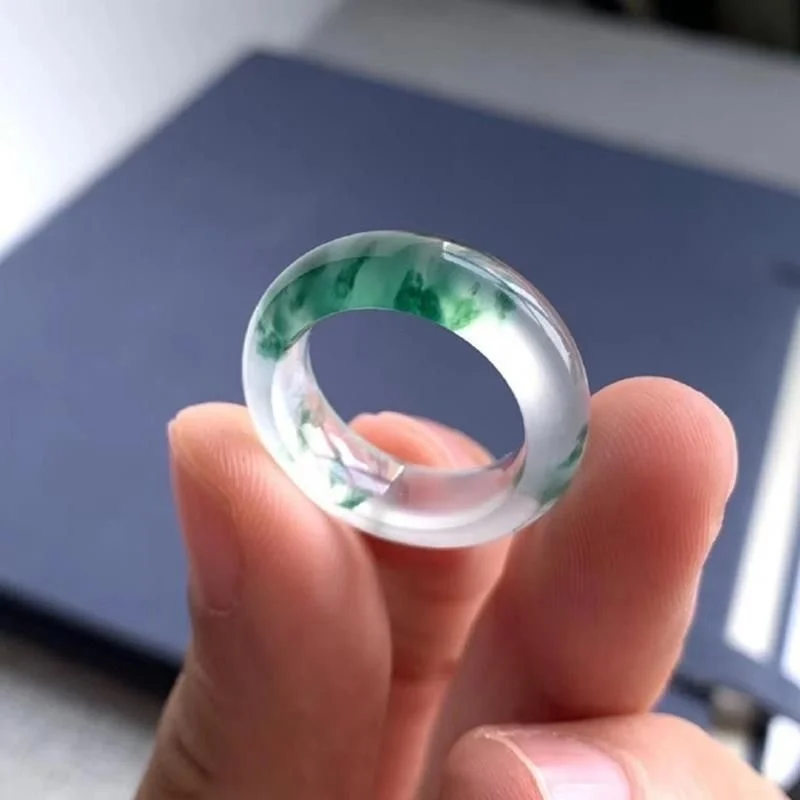 Natural Green Jade Floating Flower 7-9 Ring Chinese Jadeite Amulet Fashion Charm Jewelry Hand Carved Crafts Gifts Women Men