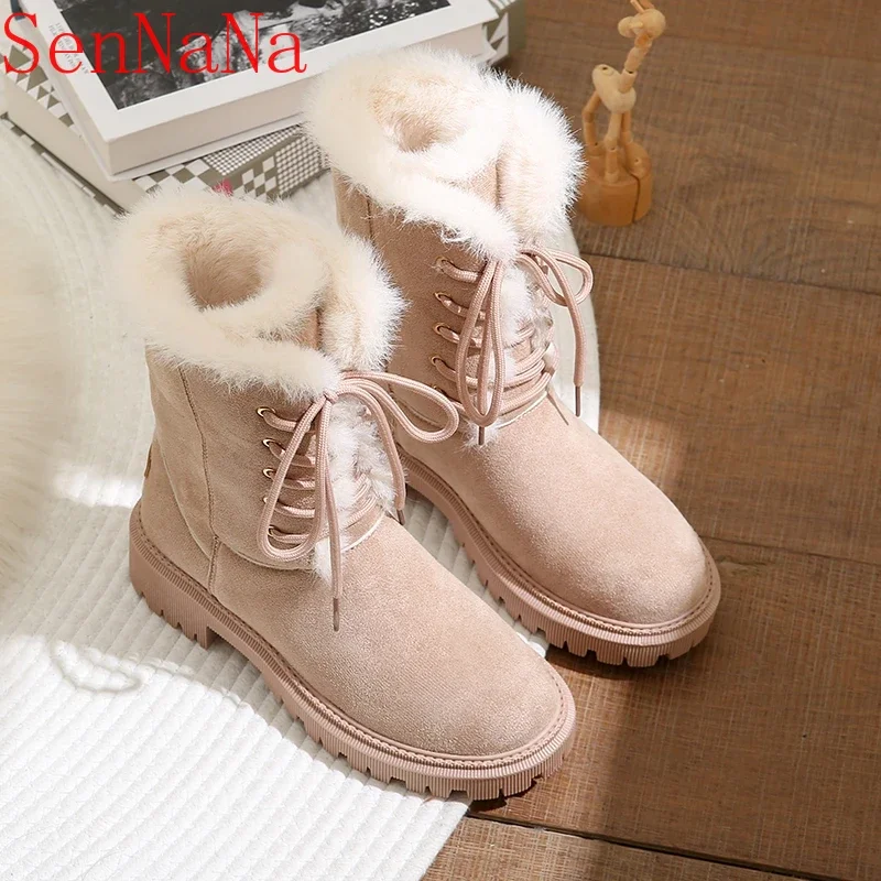 

Fashion Mid Calf Boots for Women Winter Solid Flock Lace Up Warm Plush Women Shoes Mid Heels Round Toe Modern Boots Zapatos