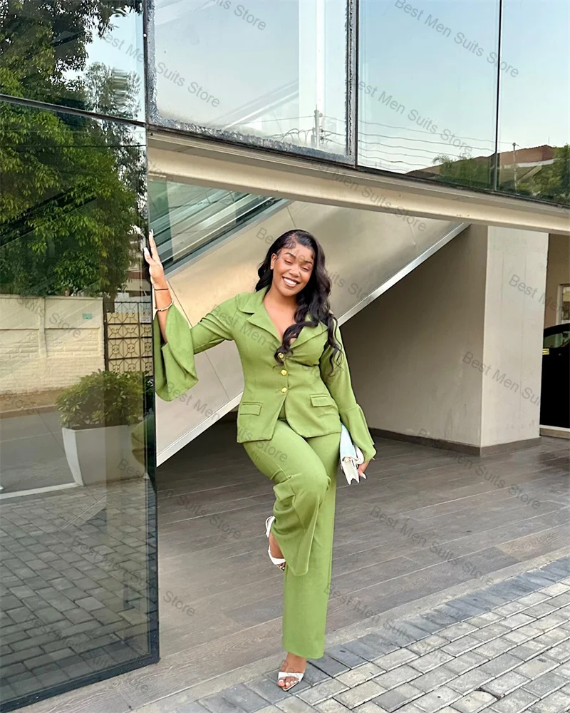 

Green Women Suit Set 2Pcs Blazer+Pants Trousers Flare Sleeves Formal Office Jacket Customized Wedding Tuxedos Prom Cotton Coat