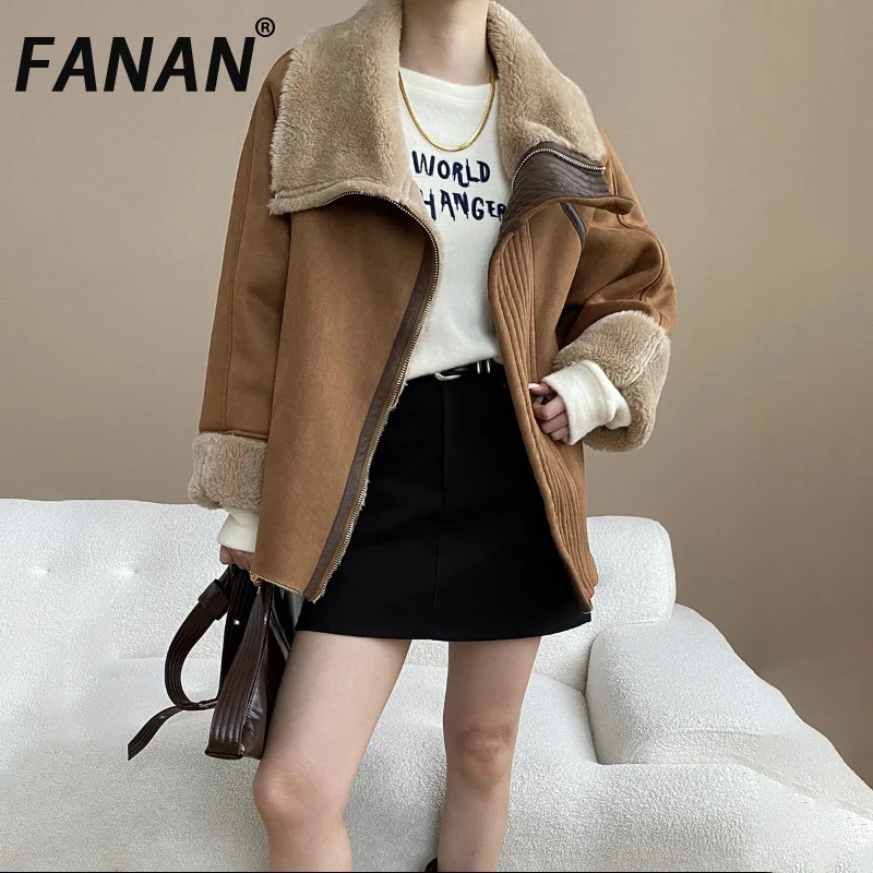 

FANAN винтажные толстые теплые куртки из искусственного меха для женщин, коричневая короткая верхняя одежда с лацканами, офисная женская универсальная верхняя одежда, новинка зимы 2023 г.