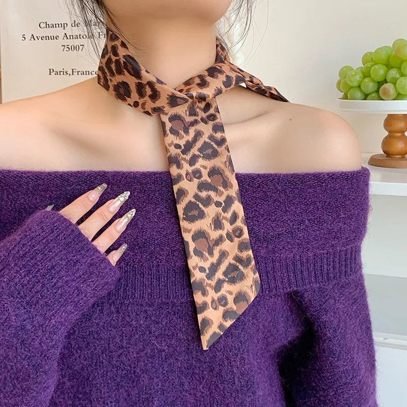 Women's silk scarf, long strip, high-end new leopard print, neck protection, neck scarf, headband, thin streamer, tied bag
