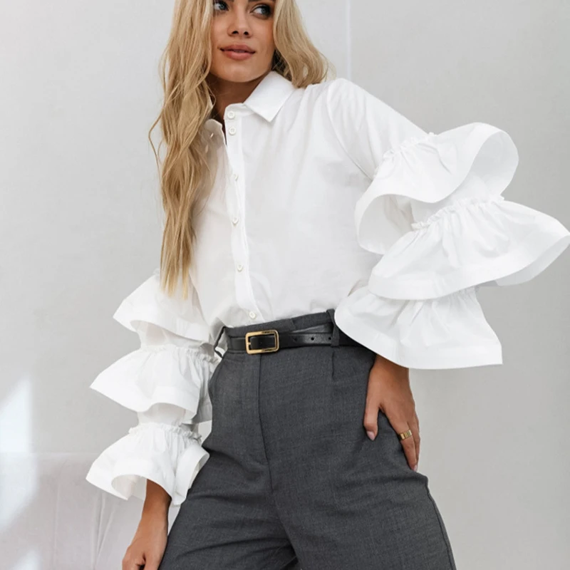 Fashion Temperament Single Breasted Slim Tops 2024 New Ruffle Design Solid Color Shirt Office Ladies Lapel Flared Sleeve Blouses