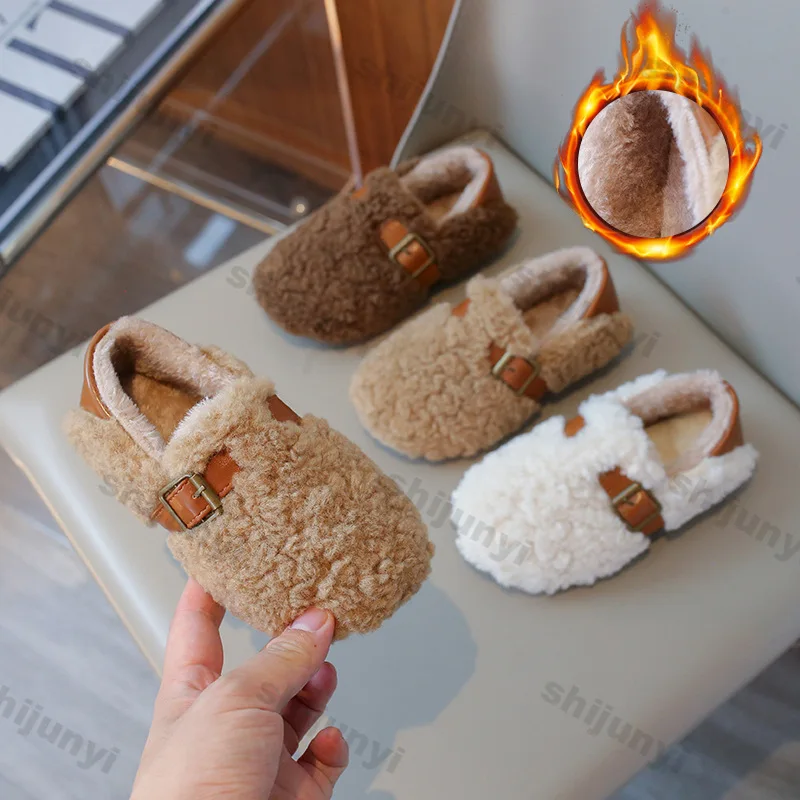 Children's Winter Flat Cotton-padded Shoes Winter Fashion Girls Warm Cotton Fur Fluffy Loafers Warm Toddler Casual Non-slip Shoe