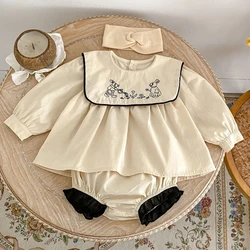 Autumn new baby clothing, 0-4 year old female baby, children's rabbit embroidered big collar top cardigan+bread pants