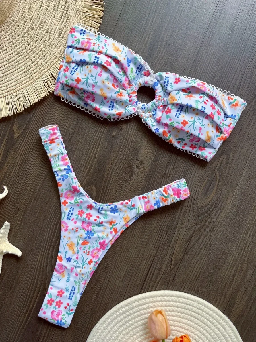 

2025 New Flower Print Bikini Set for Women Sexy Bandeau Strapless Backless 2 Piece Swimsuit Beach Vacation Bathing Suit Swimwear