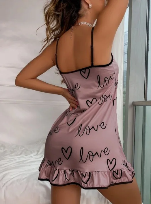 Women Cute Nightgown Pajamas Milk Silk Heart Print Sleepwear V Neck Lingerie Sexy Spaghetti Strap Nightwear Girls Homewear Dress