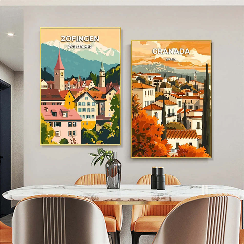 Vintage Global City Travel Canvas Wall Art Set Colorful Wanderlust Landscape Poster Decor for Apartment Cabin Dorm Home Decor