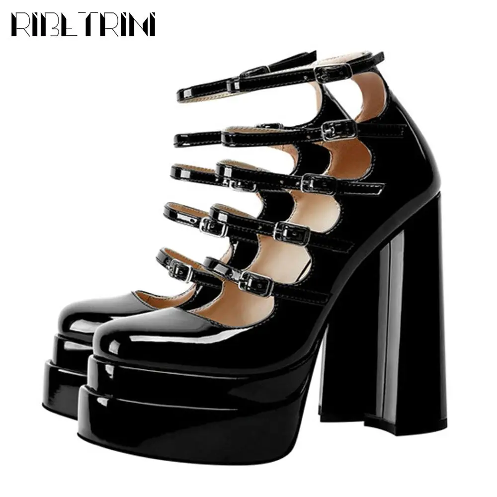 Chunky Block Heels For Women Double Platform Pumps Buckle Strappy Square Toe Dress Heeled Mary Jane Shoes Fashion Elegant Party