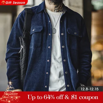 Maden – veste rétro en velours tricoté épais pour hommes, chemise à revers de couleur unie avec poches, vêtements d'extérieur d'automne et d'hiver