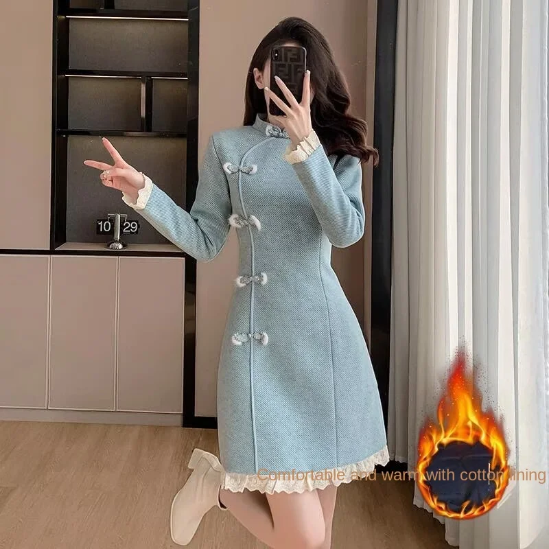 

Утепленное зимнее Ципао в стиле ретро, элегантное повседневное улучшенное китайское Ципао, модное женское платье с пряжкой в виде диска, литературное искусство