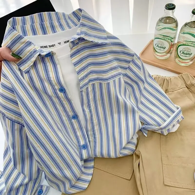 Boys' Shirt Thin 2024 New Spring and Autumn Long Sleeve Shirt for Children's Korean Vertical Stripe Casual Top