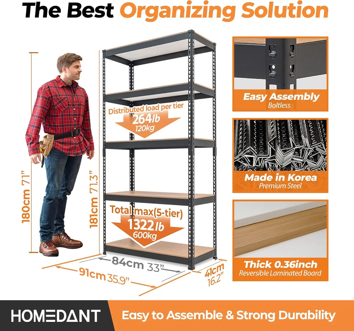 HOMEDANT 5 Tier Storage Shelves Adjustable Laminated Boltless Garage Metal Shelving Unit Heavy Duty Utility Rack Shelf Warehouse