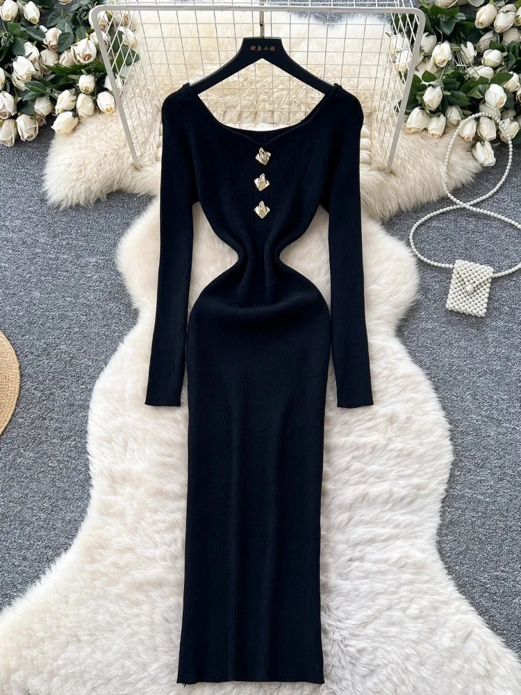 2025Vestidos De Mujer Metall Taste Temperament Kleider Frauen Gestrickte Vintage Robe Femme Hohe Taille Koreanische Quadrat Kragen Kleid