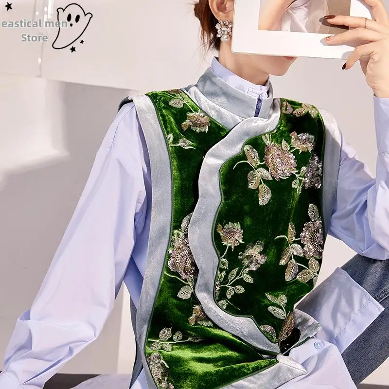 Green Sleeveless Qiao Top Women Luxury Velour Embroider Glitter Flower Chesongam Costume Vintage Tang Clothes Vest Tops Hanfu