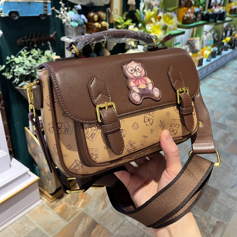 CREAM BEAR Small Square Bag for Women Cartoon Cute Doll Academy Style Cambridge Bag Leather Shoulder Crossbody Bags Female Bags