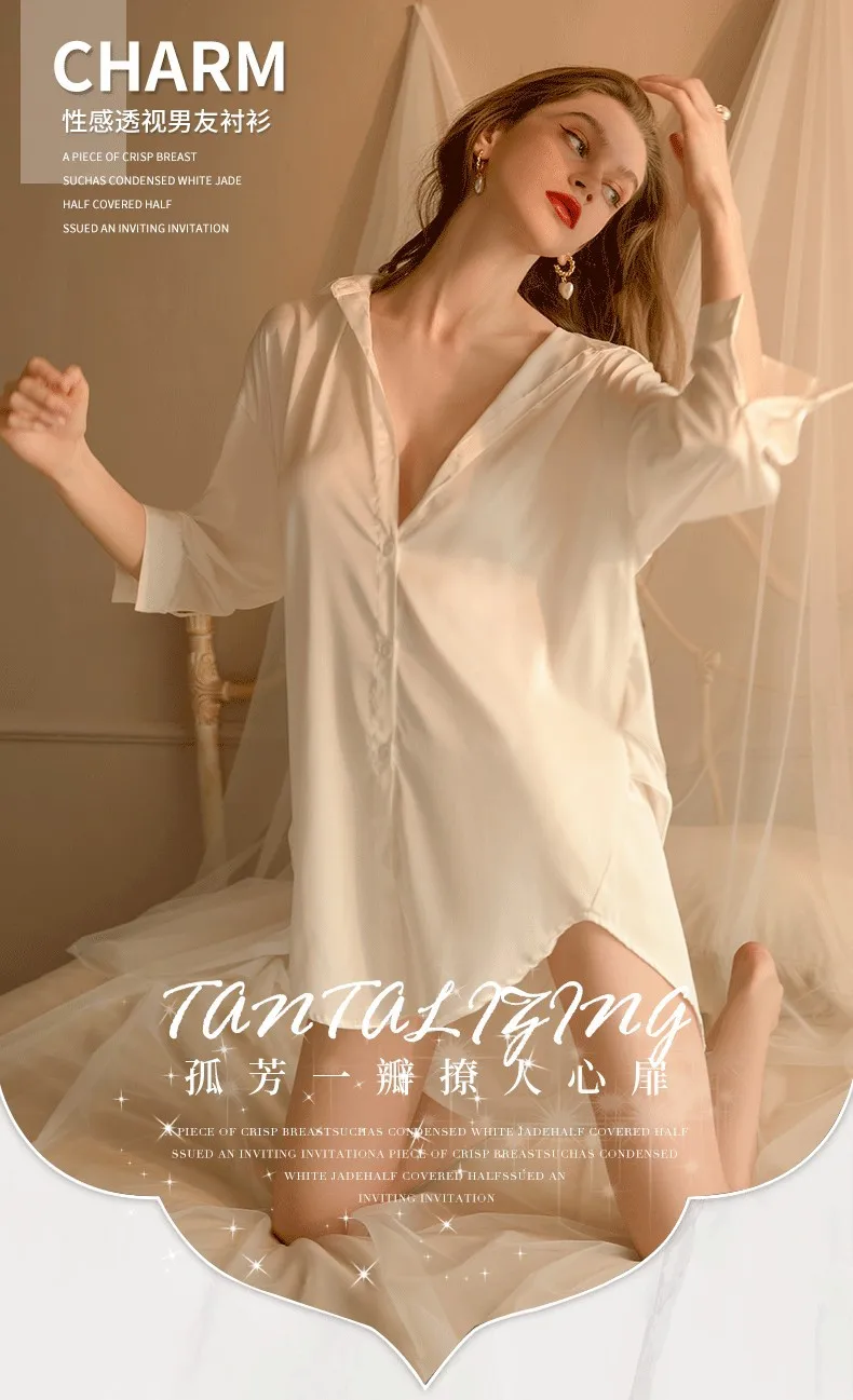 Camicia da fidanzato in raso setoso sexy di vendita europea e americana e pantaloncini di pizzo set da due pezzi pigiama da casa da donna