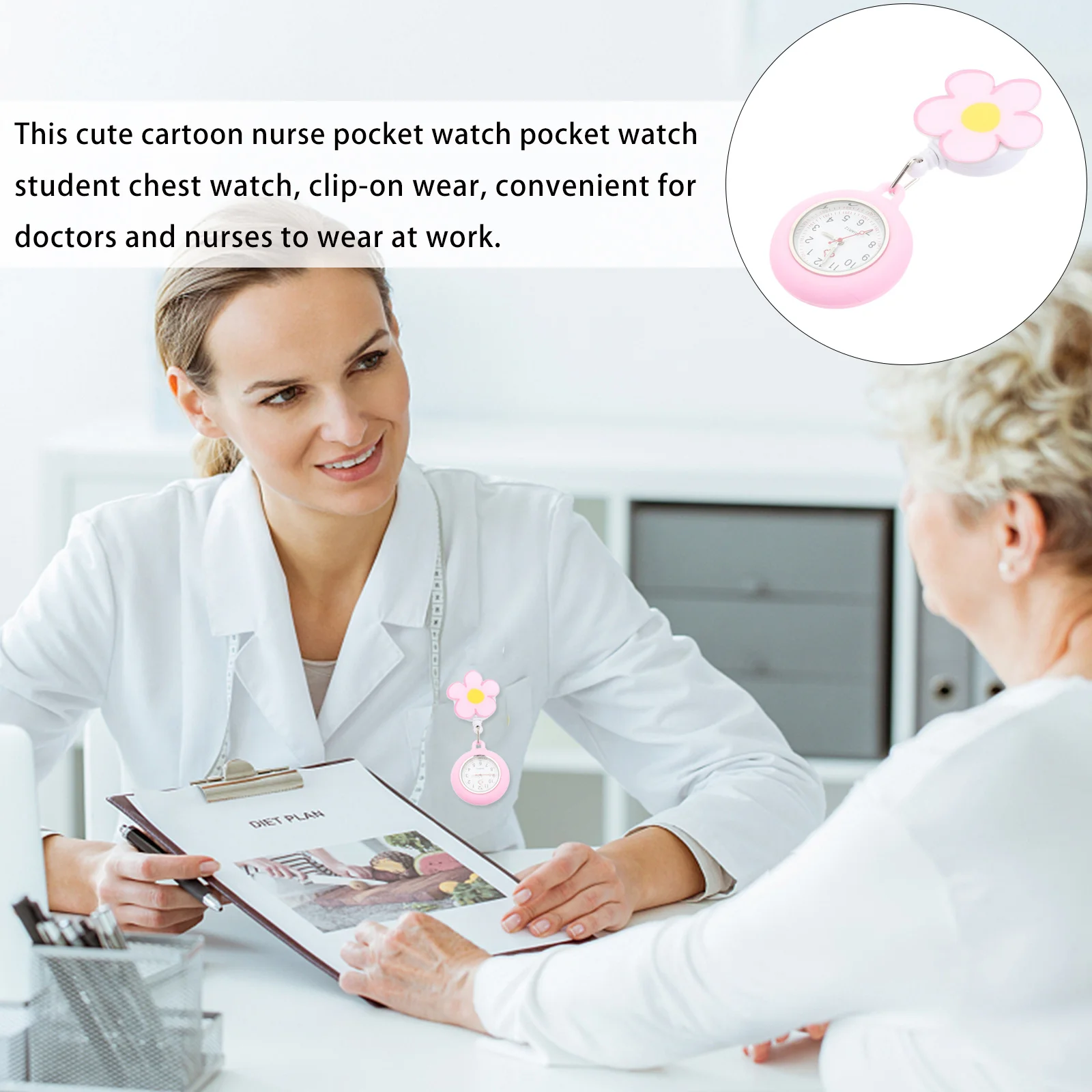 Pocket Watch for Nurses Luminous Clip-on Design Medical Staff Gift Cartoon Pattern Easy-to-Clean Portable Quartz