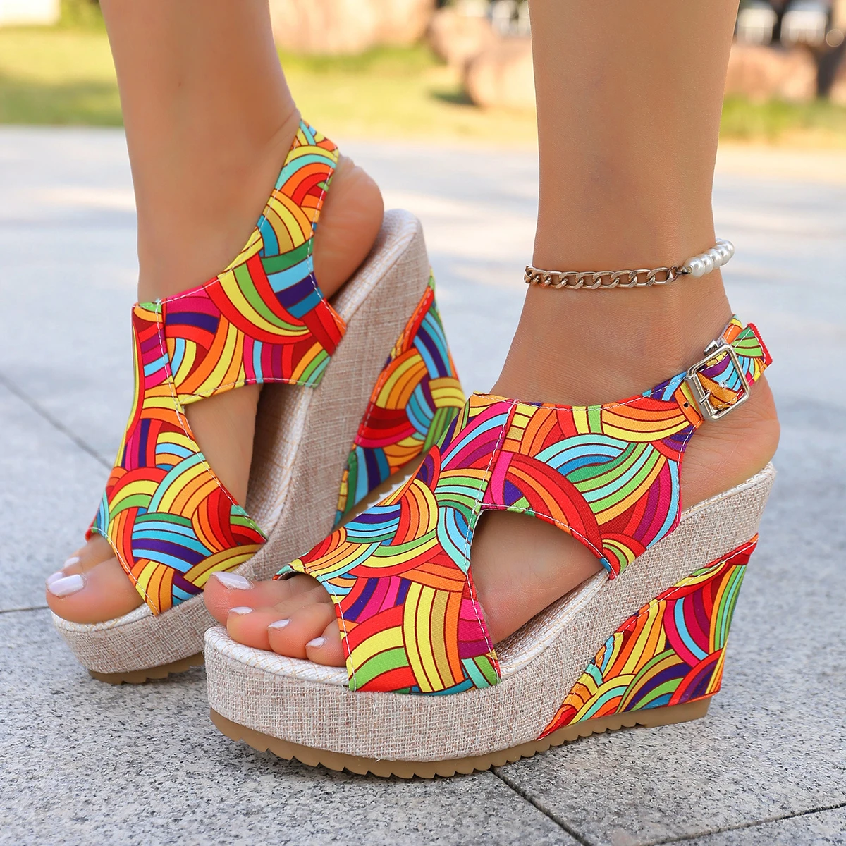Women Sandals Rainbow Graffiti Wedge Heels Sandals Women Summer Peep Toe Platform Shoes Woman Buckle Strap Thick Bottom Shoes