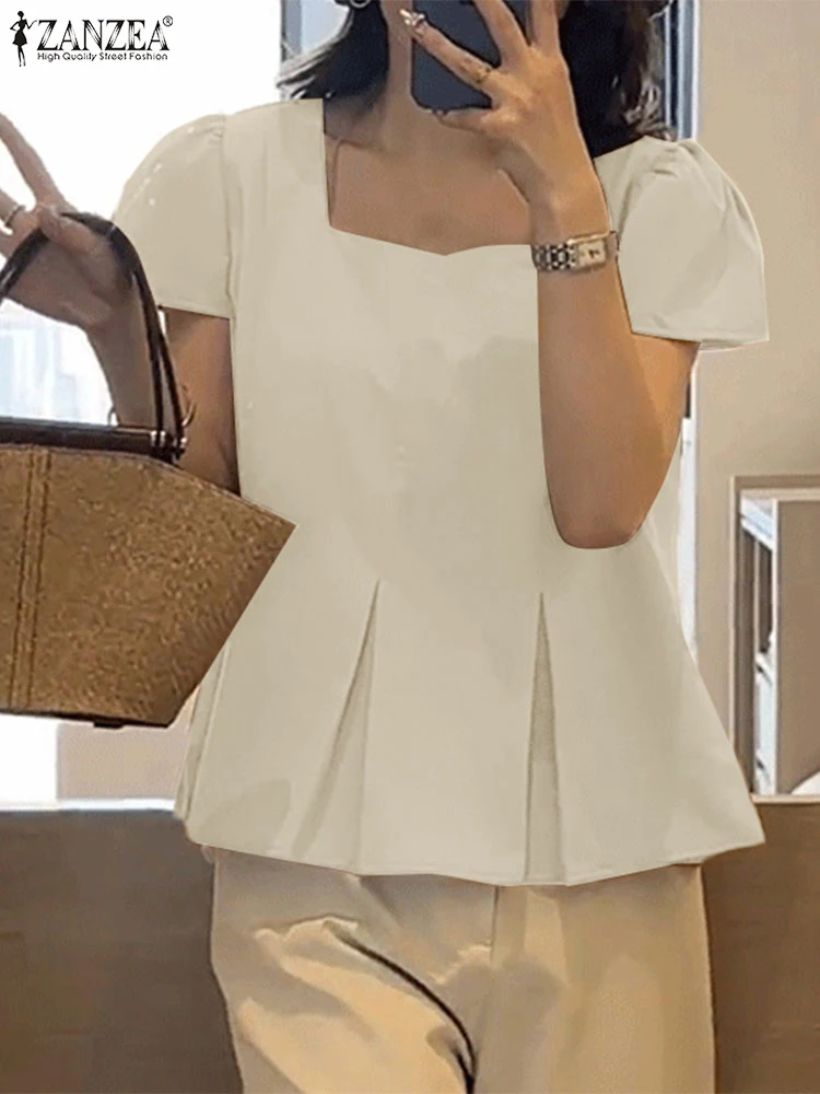 

ZANZEA Woman Day Wear Blusas Elegant Fashion Chic Short Sleeve Pleated Tops Solid Color Korean Style Square Neck Casual Blouses