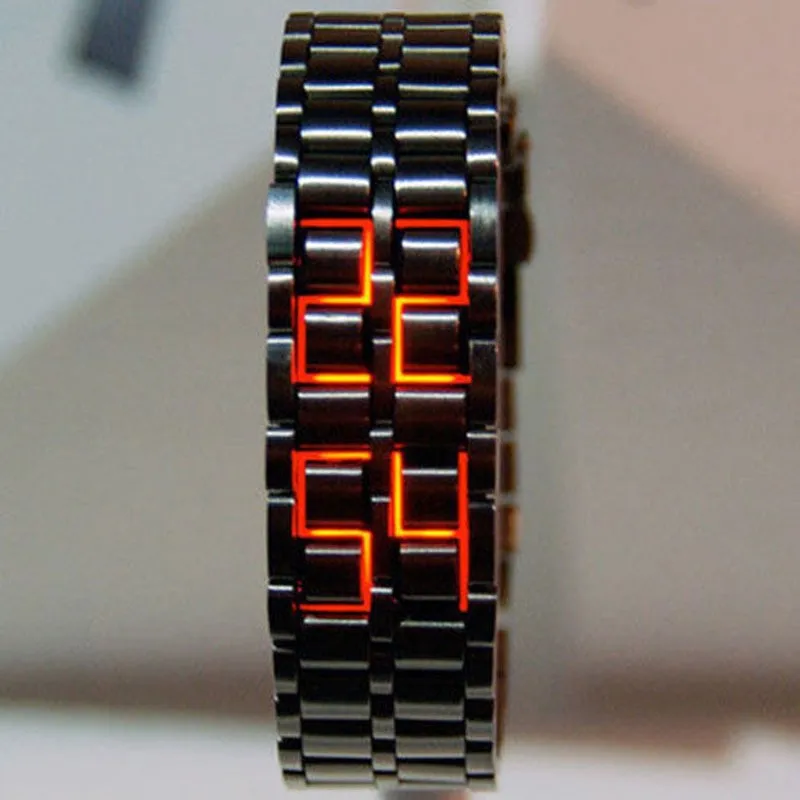 

Новые модные мужские и женские наручные часы Lava Iron Samurai Metal LED без циферблата, полностью стальные, цифровые, с эффектом пламени, прямая поставка