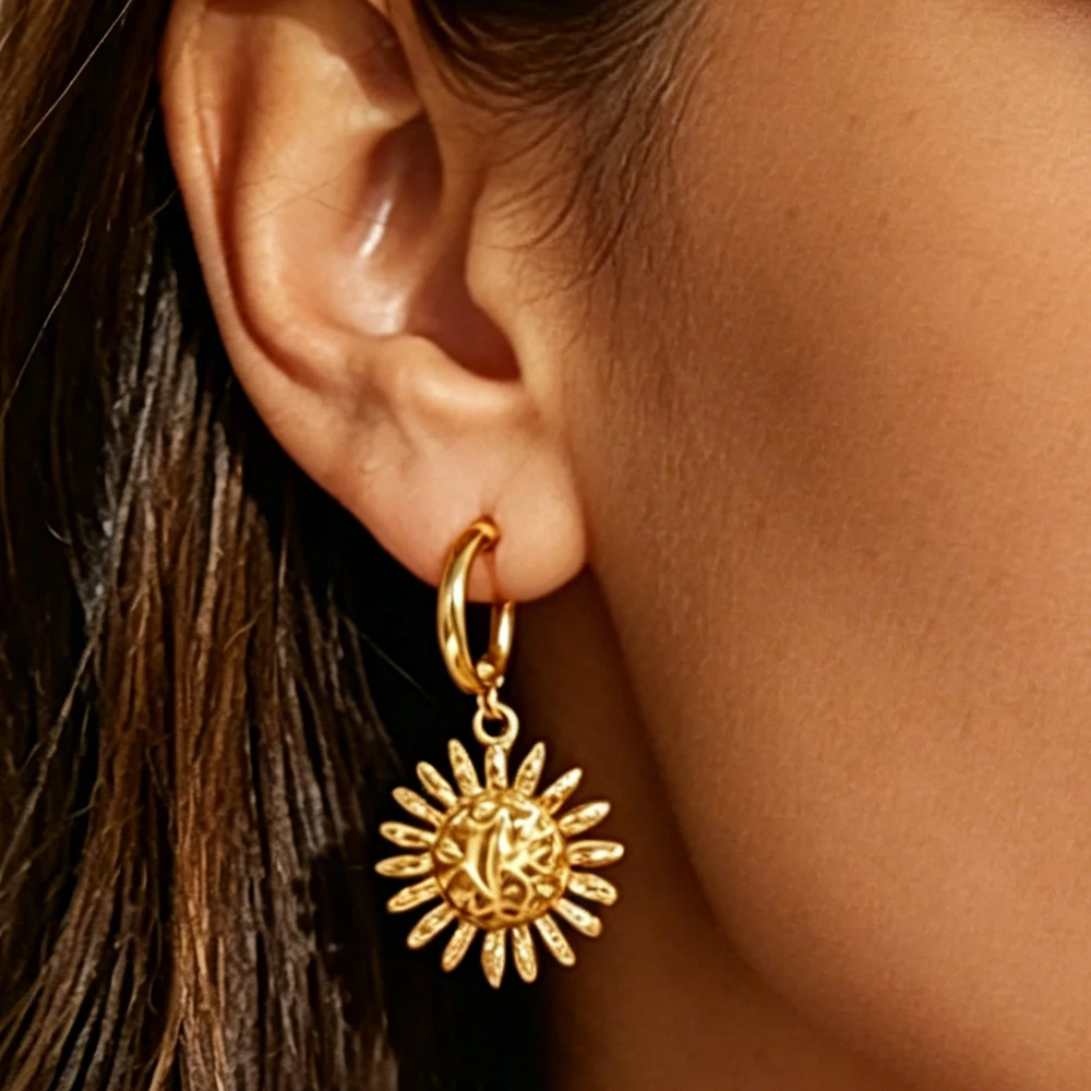 Vintage-Sonnenohrringe für Damen, 18 Karat vergoldeter Edelstahl, geometrische Sonnen-Ohrringe, ästhetischer Hochzeitsschmuck, Geschenk