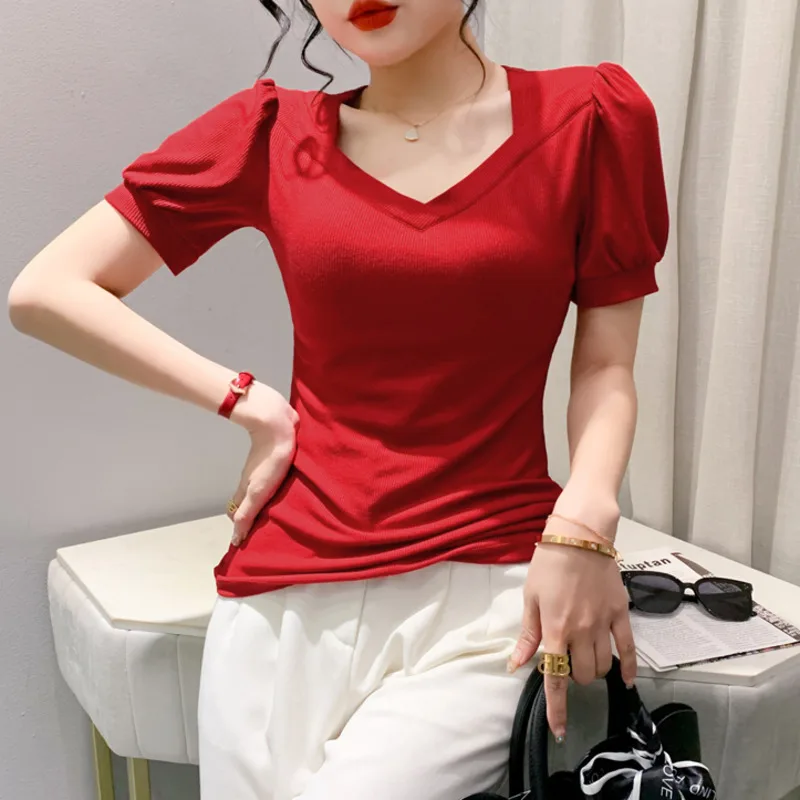 #5370 Red Black Puff Sleeve T Shirt Femme V-neck Sexy Short Women\'s T-shirt Slim Cotton Elasitc Women\'s Tee Shirt Summer