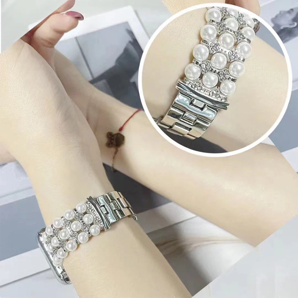 Pearl + Metal Strap for Apple Watch Ultra Band 876543SE Replacement Wristband for iWatch Series 49mm 45mm 41mm 44mm 40mm 42 38mm