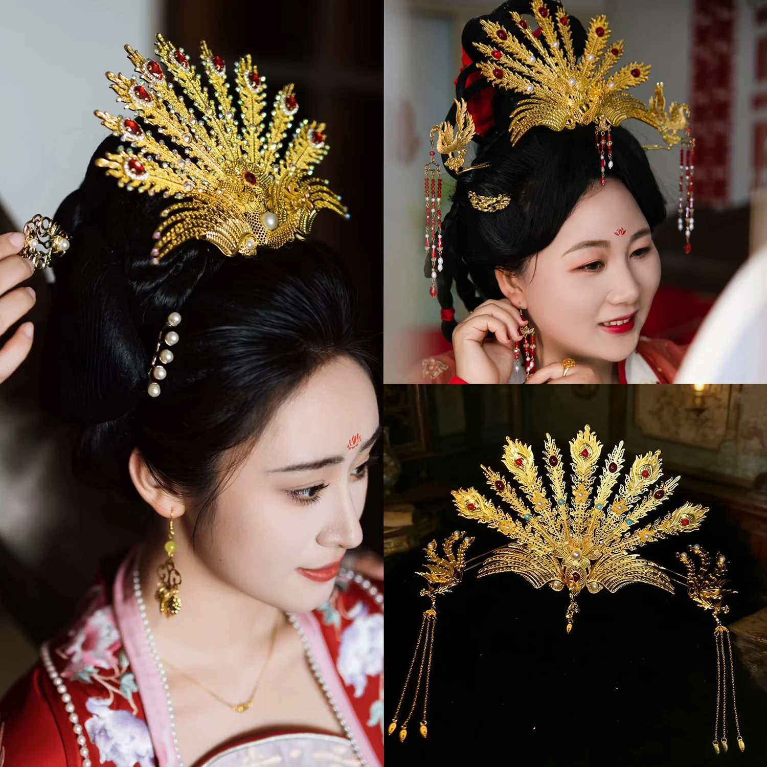 Ancient Style Golden Phoenix Hair Crown Thread Magnificent Headwear for Wedding Hanfu Women's Phoenix Hairpin Accessories