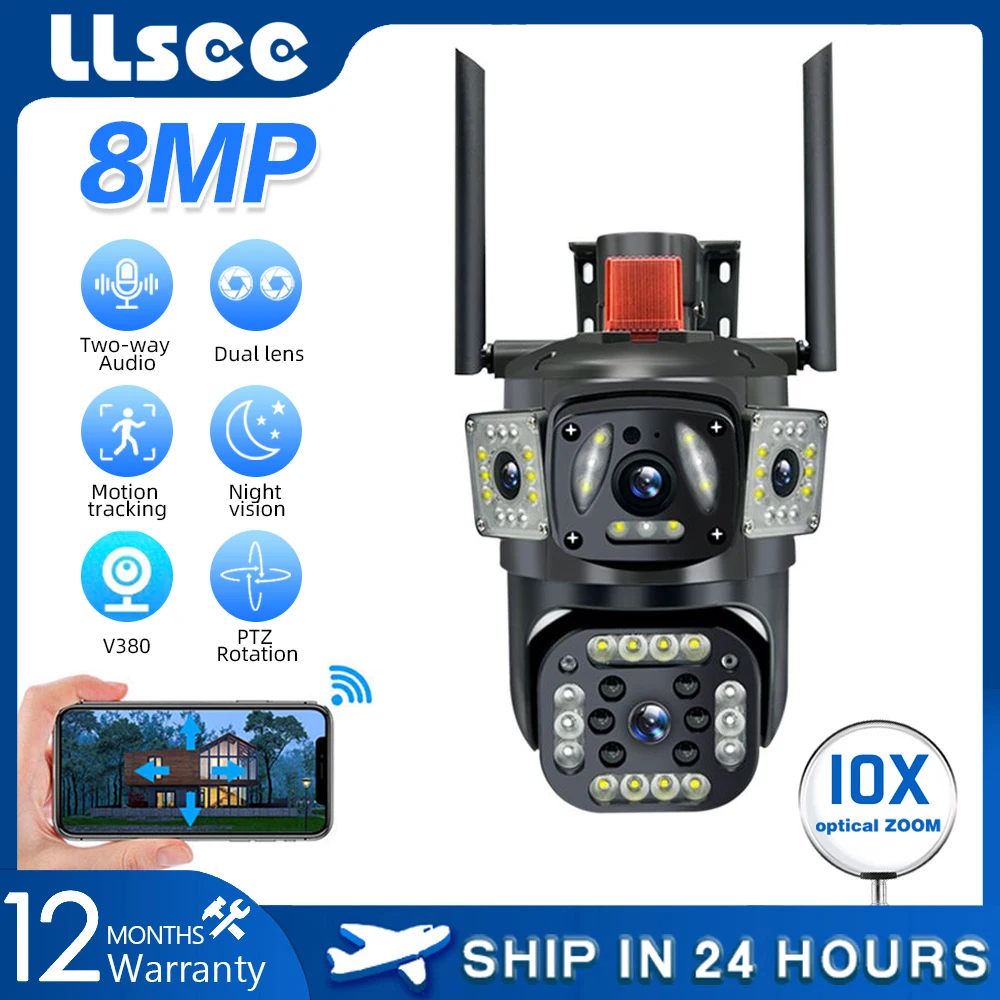 LLSEE dual lens,V380 8MP 4K,wireless CCTV camera PTZ 10X zoom IP security camera 4G SIM card,CCTV outdoor waterproof,WiFi camera