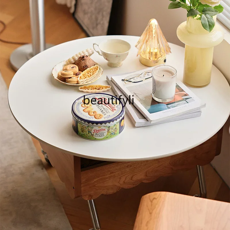 A13 القرون الوسطى الخشب الصلب بلاطة الصخور رفع طاولة القهوة غرفة المعيشة طاولة الشاي متعددة الوظائف الجانب المحمول طاولة مستديرة #2