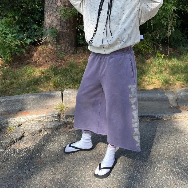 American retro letter printed sweatpants with low waist, loose drape, wide legs, mid length, sporty and casual pants