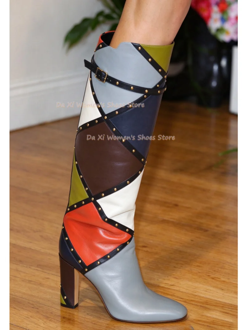 Color-Blocking Diamond Pattern Splicing Knee-high Boots Round Head Chunky High Heels Rivet Decorate Vintage-Style Winter Boots