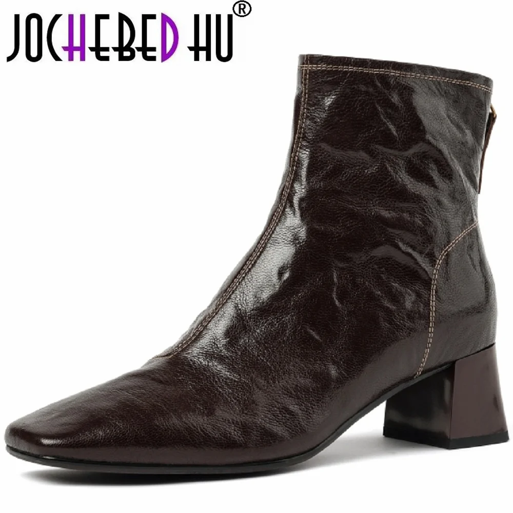 

【JOCHEBED HU】Handmade Brand Genuine Leather Shoes for Women Square Toe Chunky Heel Shoes Zip Ankle Boots Concise Modern 34-40