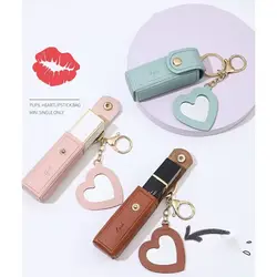 LLavero de cuero PU con espejo para niñas, bolsa de lápiz labial, estuche para viaje, Mini soporte para maquillaje, organizador portátil de PU